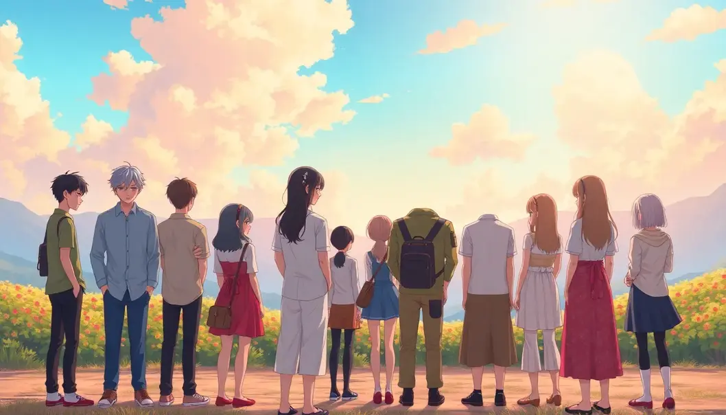 Anime-style characters together in a vibrant landscape, symbolizing unity.