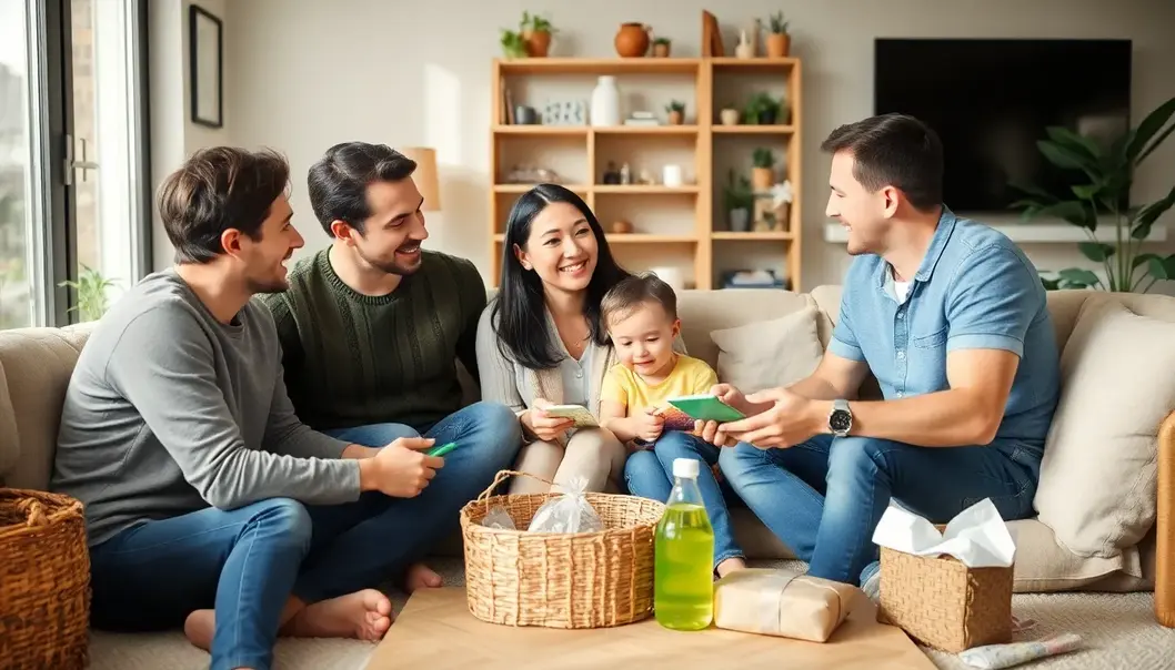 Family gathered in a living room talking and showcasing eco-friendly products.