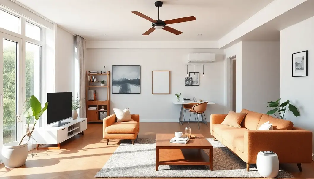 A stylish, well-designed small apartment emphasizing space efficiency and elegant decor.