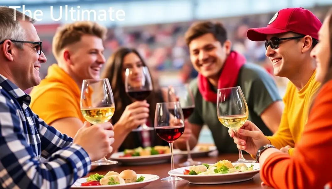 Sports fan enjoying a meal with a glass of wine, representing flavor harmony.