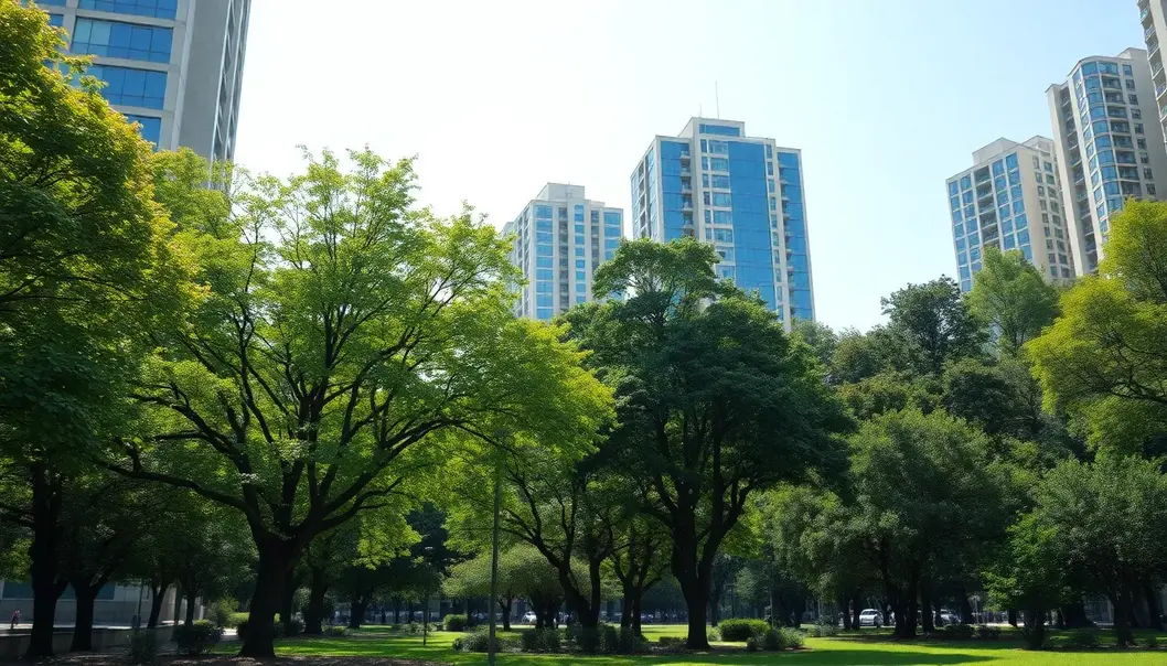 Vibrant urban park with mature trees providing shade, surrounded by high-rise buildings.